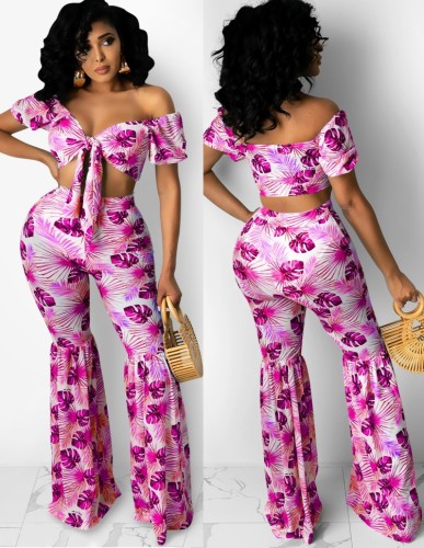 Print Matching 2PCS Pink Tie Front Crop Top and Flare Pants