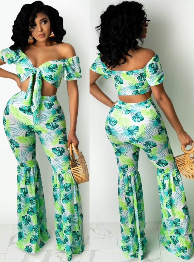 Print Matching 2PCS Green Tie Front Crop Top and Flare Pants