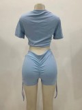 Blue Cutout Crop Top and Shorts Yoga Set
