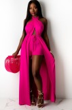 Pink Wrap Halter Long Top and Shorts Two Piece Set