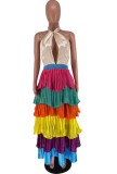 Colorful Layered Halter Sexy Maxi Dress