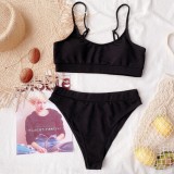 Solid Color Ribbed High Waist Two Piece Swimwear