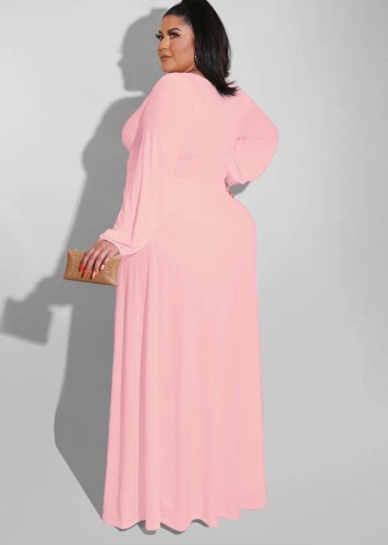 Plus Size Pink High Slit V-Neck Long Sleeve Maxi Dress