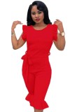 Red Ruffle Belted Bodycon Rompers
