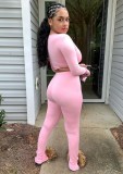 Pink Sexy Long Sleeve Twist Crop Top and Pants 2PCS Set