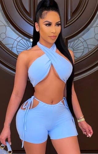 Sexy Blue Wrap Halter Crop Top and Hollow Out Shorts Set