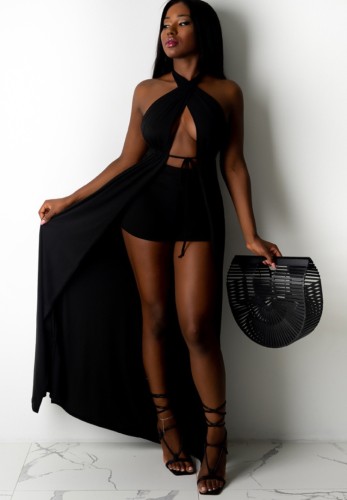 Black Wrap Halter Long Top and Shorts Two Piece Set