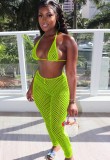 Green Hollow Out Mesh Bra and Pants Two Piece Beachwear