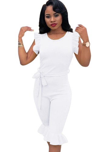 White Ruffle Belted Bodycon Rompers