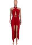 Red Wrap Halter Long Top and Shorts Two Piece Set