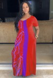 Short Sleeve V-Neck Print Red Loose Maxi Dress