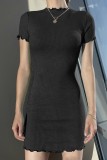 Black Short Sleeve Ribbed Mini Dress