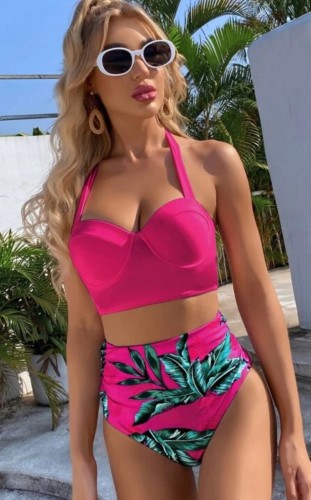 Print Hot Pink High Waisted 2PCS Swimwear