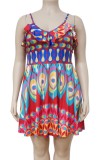 Plus Size Print Colorful Ruffle Cami A-Line Short Dress