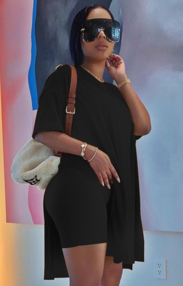 Black Side Slit Long Top and Biker Shorts Two Piece Solid Set
