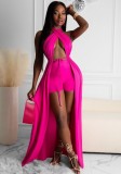Pink Wrap Halter Long Top and Shorts Two Piece Set
