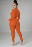Orange Sexy Hollow Out Long Sleeve Crop Top and Pants Bodycon 2PCS Set