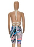 Sexy Halter Top and Print Biker Shorts Two Piece Set