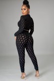 Black Sexy Hollow Out Long Sleeve Crop Top and Pants Bodycon 2PCS Set
