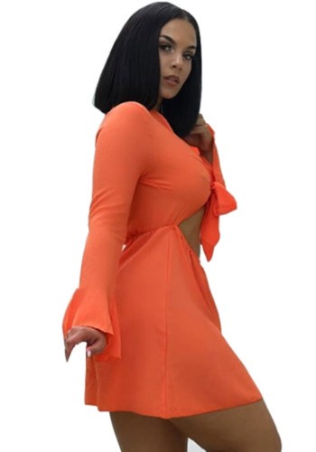Orange Cut Out Long Sleeve Tie Front Sexy Short Dress