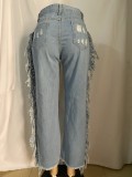 Trendy Tassels Cut Out Ripped Holes Blue Jeans