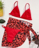 Red Bikini Set With Leopard Skirt Cover Up 3PCS