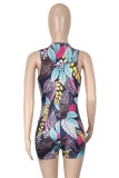 Print Leaf Plunge Sleeveless Sexy  Bodycon Rompers