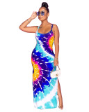 Tie Dye Blue Strappy Back Slit Long Dress