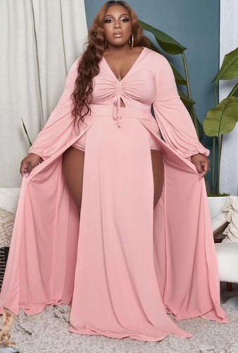 Plus Size Pink High Slit V-Neck Long Sleeve Maxi Dress