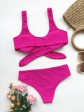 Hot Pink Tie Front Two Piece High Waist Swimwear