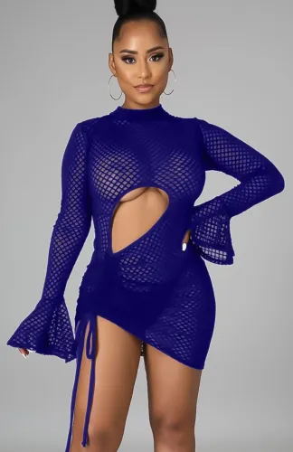 Blue Hollow Out Ruched Drawstrings Flare Cuff Mini Dress