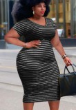 Sexy Plus Size Black Striped V-Neck Short Sleeve Midi Dress