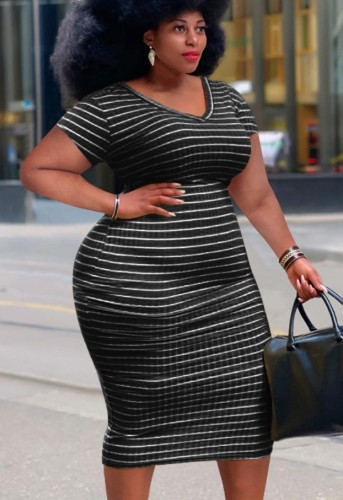 Sexy Plus Size Black Striped V-Neck Short Sleeve Midi Dress