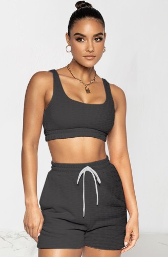Fitness Black Textured Bra Top and Shorts Set