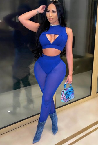 Two Piece Blue Mesh Splicing Sexy Crop Top and Pants