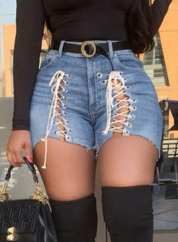 Sexy Lace Up Blue High Waist Stylish Denim Shorts