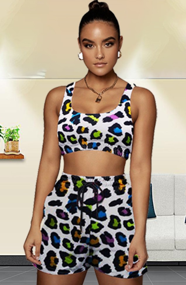 Leopard Print Bra and Drawstring Shorts Set