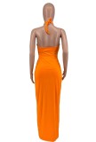 Orange Wrap Halter Long Top and Shorts Two Piece Set