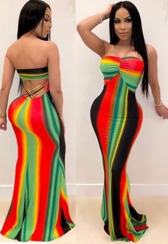 Colorful Striped Strapless Maxi Mermaid Dress