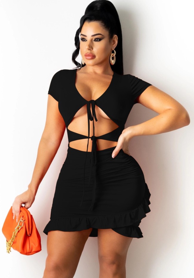 Black Cut Out Tie Front Sexy Ruffle Mini Dress
