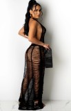Sexy Black Knit Hollow Out Backless Maxi Beach Dress Cover Up