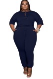 Plus Size Navy Blue Button Trim Casual Jumpsuit