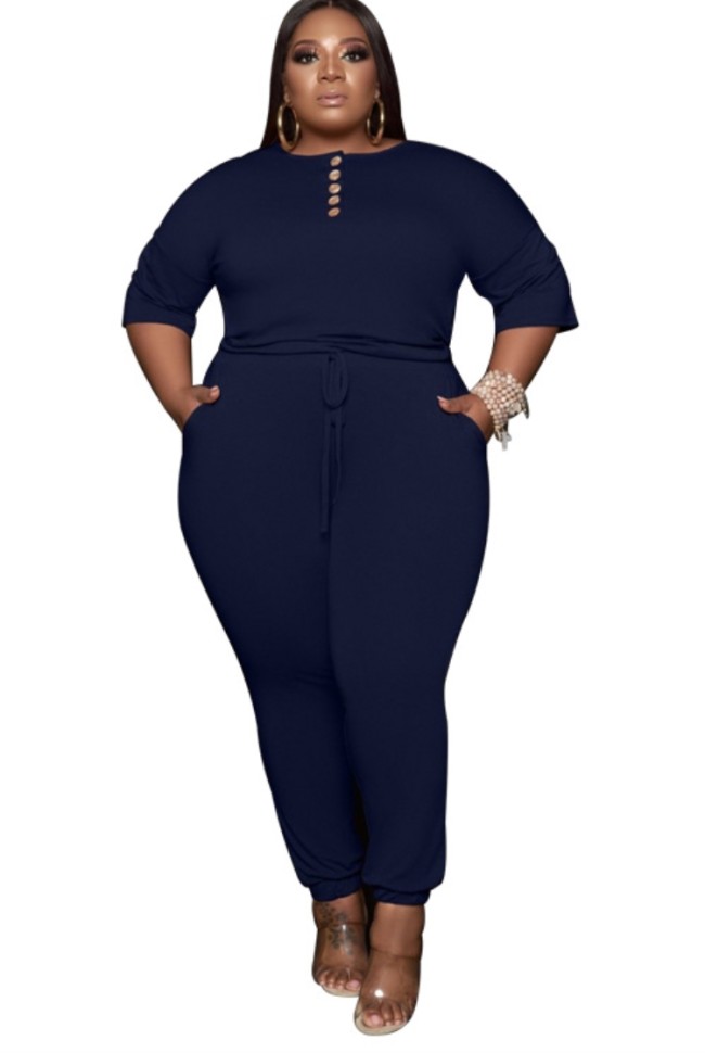 Plus Size Navy Blue Button Trim Casual Jumpsuit