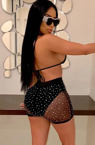 Black Sexy Rhinestone Halter Bra and Shorts Set