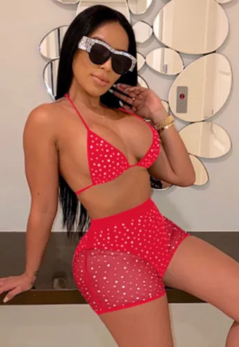 Red Sexy Rhinestone Halter Bra and Shorts Set