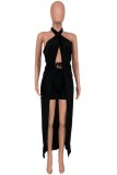 Black Wrap Halter Long Top and Shorts Two Piece Set