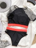 Contrast Mesh Panel High Waisted Short Sleeves 2pcs Swimwear