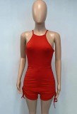 Red Ruched Drawstrings Tight Halter Rompers