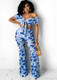 Print Matching 2PCS Blue Tie Front Crop Top and Flare Pants