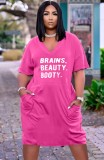 Print Pink V-Neck Loose Pocketed T-Shirt Dress